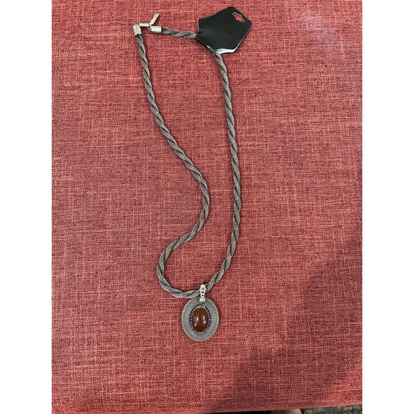 NWT Anne Klein Silver Tone Twisted Rope Necklace Brown Cabochon Stone Pendant - Picture 2 of 6